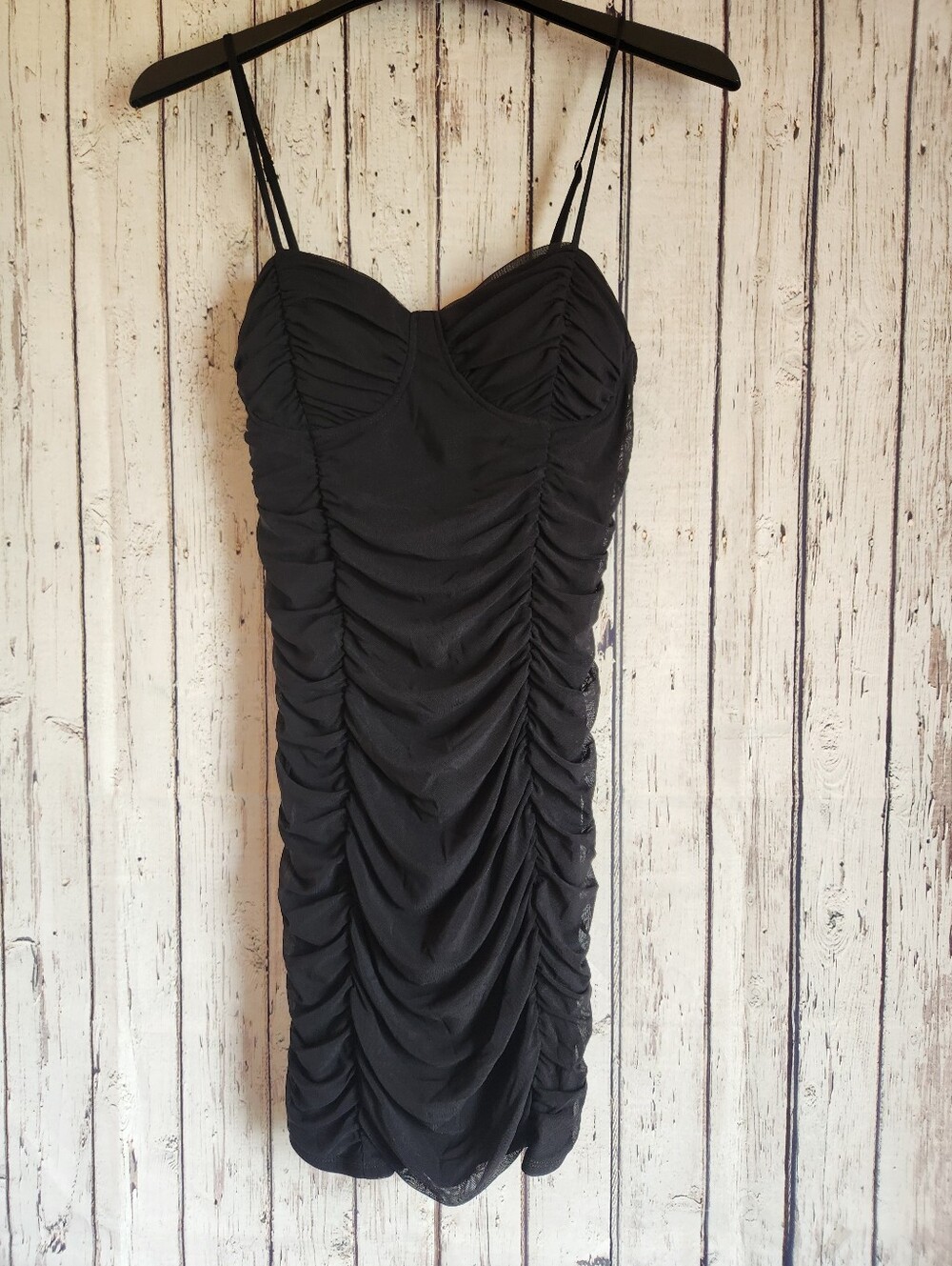 Stella Luce Black Ruched Mesh Bodycon Dress Size L Sweetheart Neckline Y2K
